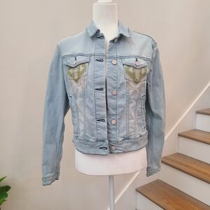 LuLaRoe Light Blue Denim Jacket with Embroidered Accents